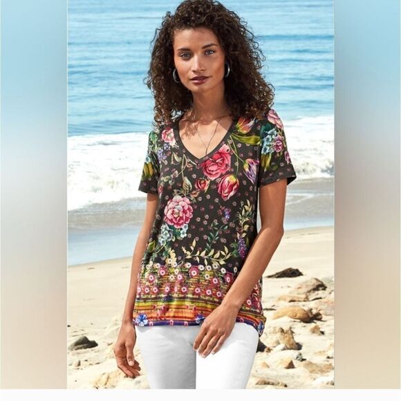 NWT Johnny Was Naomi Favorite Boarder V Neck Tee Multi Color - Picture 7 of 7